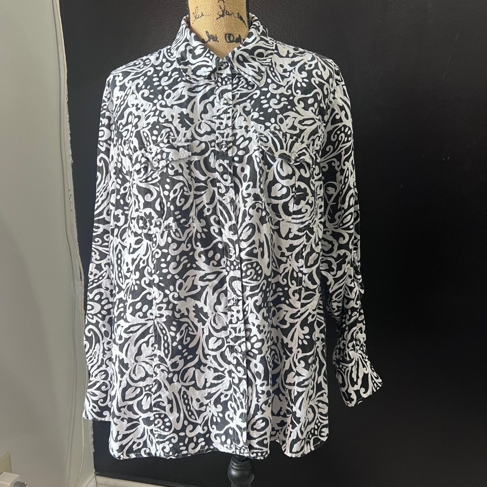 Charter Club Woman 18W Black White 100% Linen Abstract Paisley Button Up Shirt
